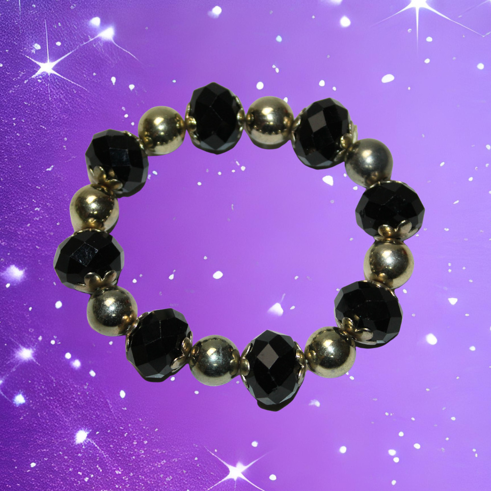Gold Tone and Black Faceted Rondelle Glass Bead Stretch Bracelet